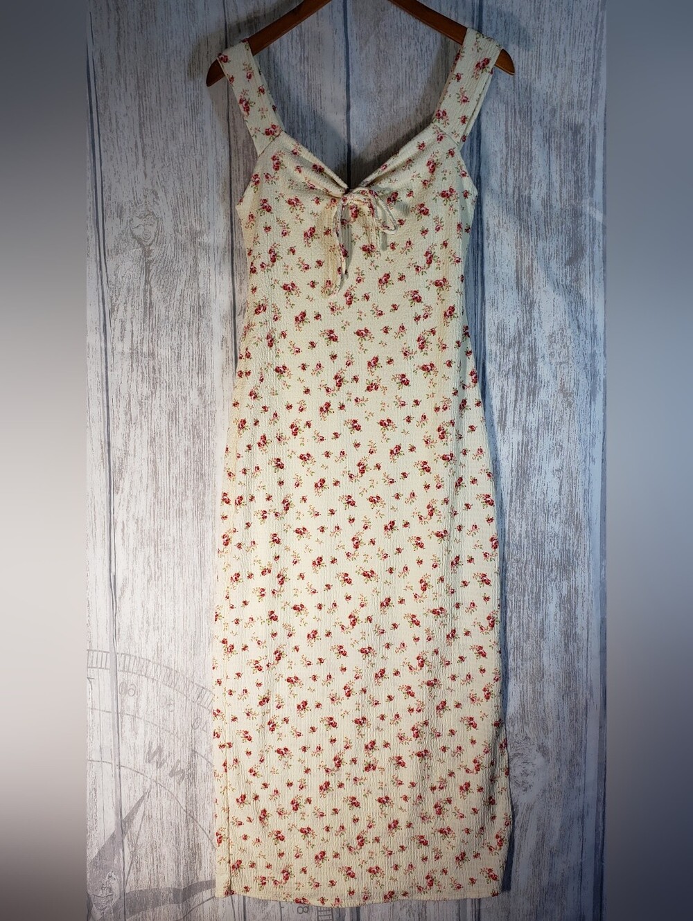 See You Monday Cream Ditsy Red Floral Tie-Front Babydoll Midi Dress Sz Large